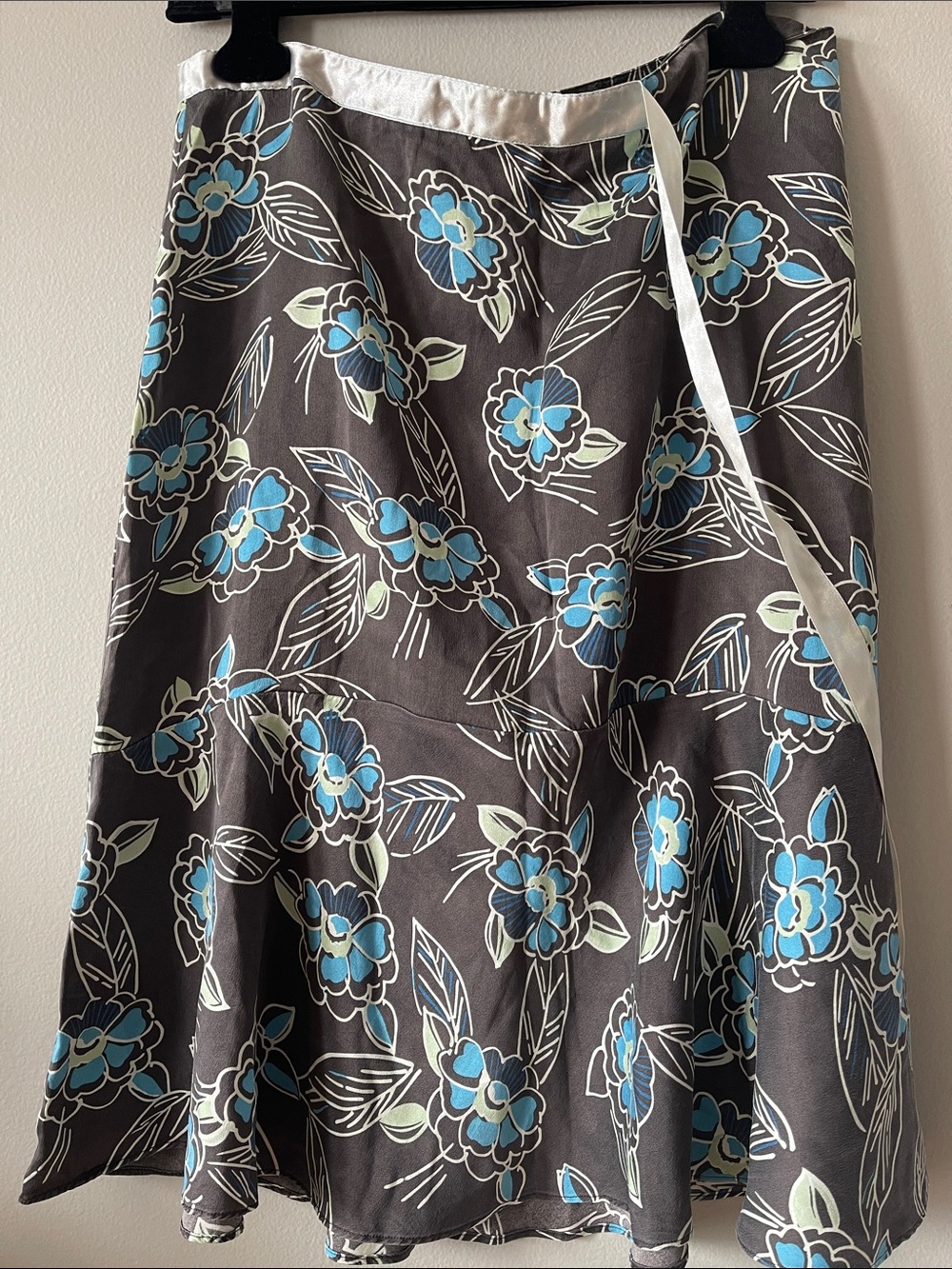 Y2K charcoal washed Silk Floral A-Line Skirt with Blue Flowers